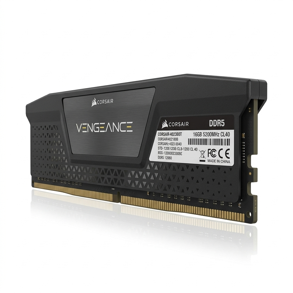 ماژول رم کورسیر LPX 16 GB DDR5 با برچسب 5200 MHz و تایمینگ CL40، نصب شده در اسلات رم مادربورد - thre ماژول رم کورسیر LPX 16 GB DDR5 با برچسب 5200 MHz و تایمینگ CL40، نصب شده در اسلات رم مادربورد - three-quarter view