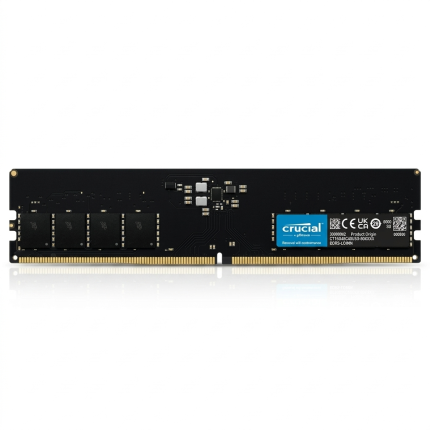 ماژول رم کامپیوتر کروشال 16 گیگابایت DDR5 با فرکانس 4800 مگاهرتز و تراشه‌های حافظه استاندارد روی برد مشکی