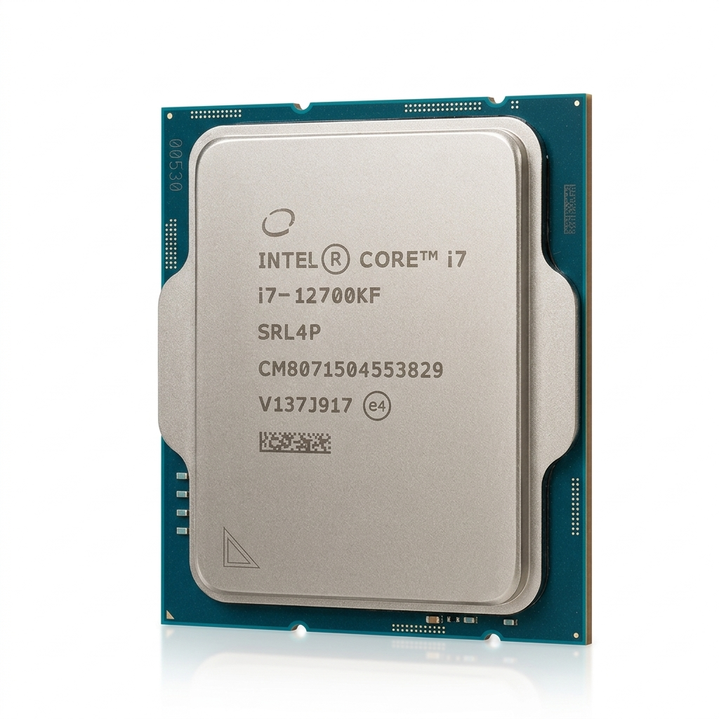 تصویر پردازنده اینتل Core i7-12700KF و جعبه آن، سهربع جلو تصویر پردازنده اینتل Core i7-12700KF و جعبه آن، سهربع جلو